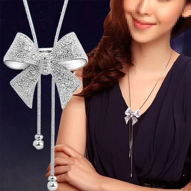 

Bow pendants Stylish long sweater necklaces with winter jewelry.