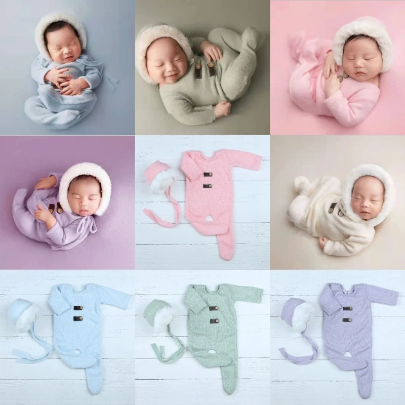 

2 Pcs Newborn Photography Props Suit Cotton Knitted Jumpsuit Romper Hat Set Baby Bonnet Studio Photo Shooting Outfits Costumes