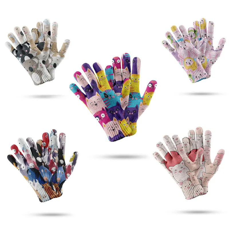 

Winter Lovely Gloves Women Men Spring And Autumn Stretch Knit Mittens 3D Print Full Finger Guantes Female Crochet Gloves