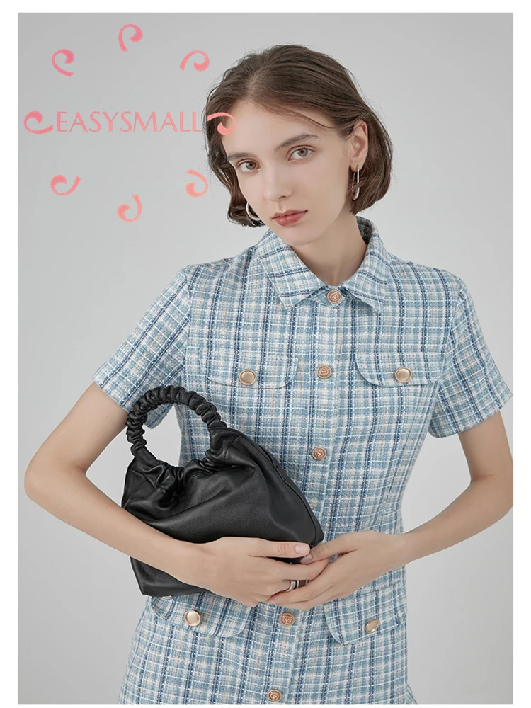 

EASYSMALL Women dress Blue check Tweed Chiffon dress Small fragrance exclusive high-end Slim tight Casual High waist dresses
