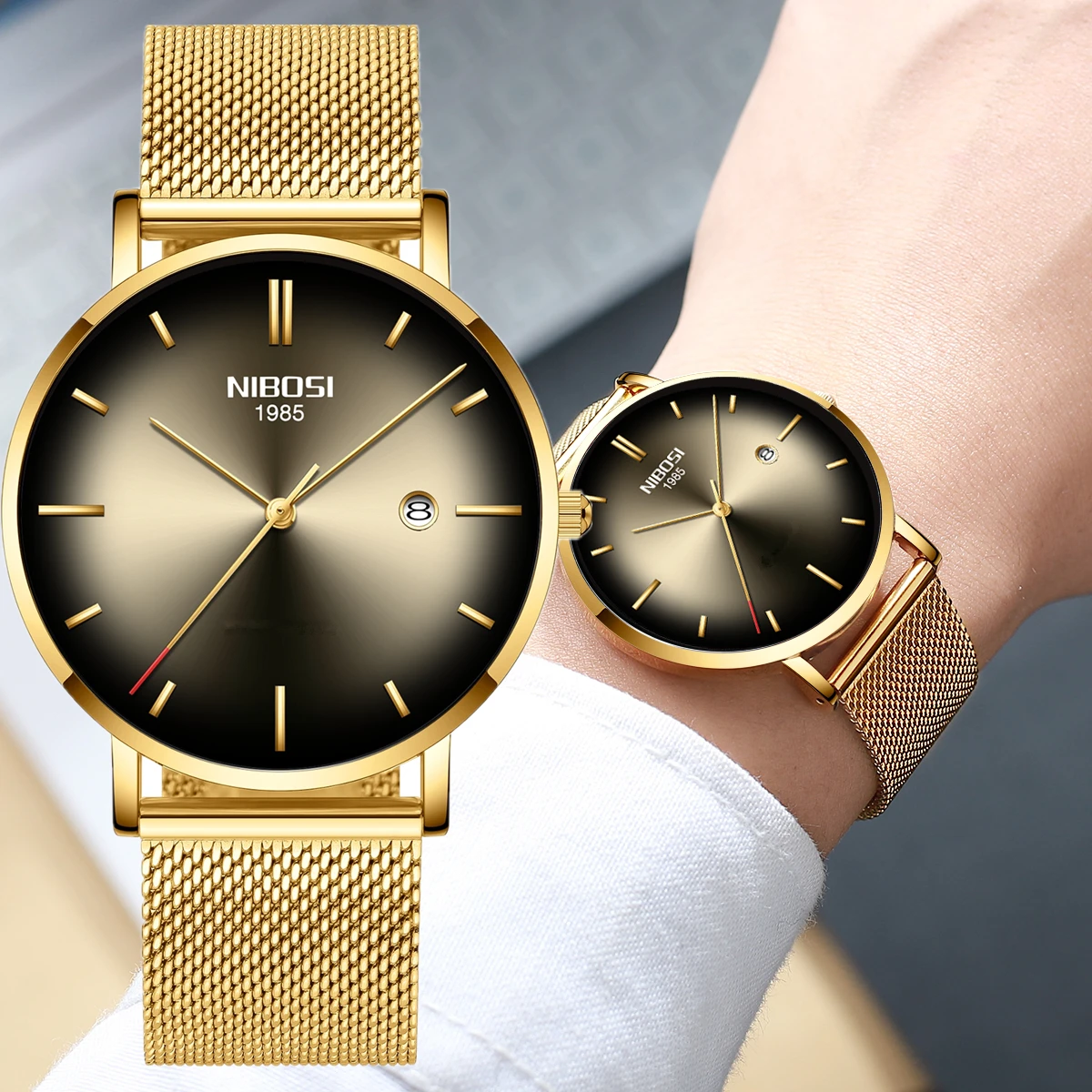 

Часы наручные NIBOSI мужские ультратонкие, брендовые люксовые повседневные кварцевые простые деловые, с сетчатым стальным браслетом