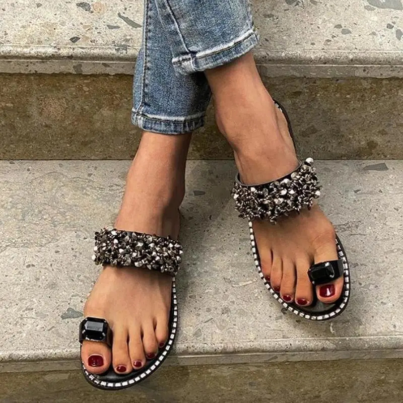 women summer sandals flats shoes woman gladiator shiny bling crystal slippers flip thong sandalias mujer sapato feminino D124 | Обувь