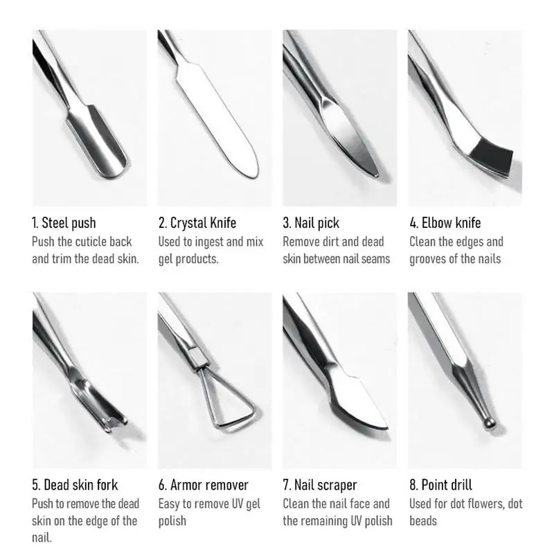 

8 In 1 Cuticle Pusher Set Stainless Steel Dead Skin Push Remover Gel Nail Polish Cleaning Kit Manicure Care Tool Nail Supplies