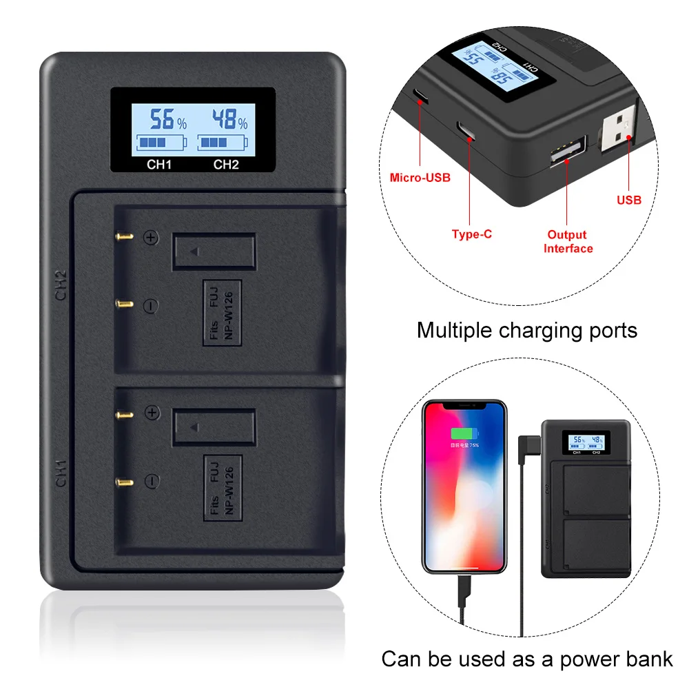 

NP-W126 NPW126 LCD USB Charger for Fuji film FinePix HS30EXR XH1 XT1 X-E2 XM1 X-Pro2 XT20 XT3 XA5 xa3 XT2 XE3 XA10 XT10 X100F