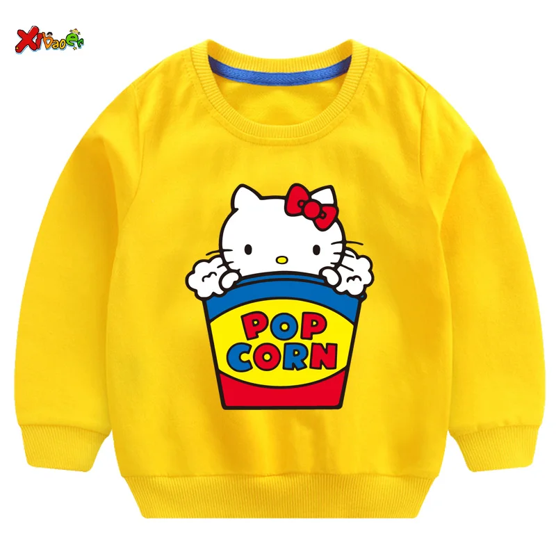 Свитшоты для маленьких девочек Футболка hello kitty г. Осенние толстовки для малышей, пуловер с длинными рукавами Модная одежда с героями мультфильмов красный, белый