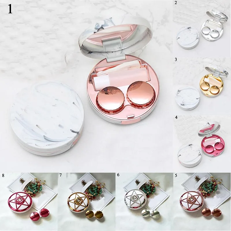 

Unisex Mirror Contact Lens Case Eyes Care Kit Holder Container Simple Marble Lenses Box Travel Glasses Round Lens Case