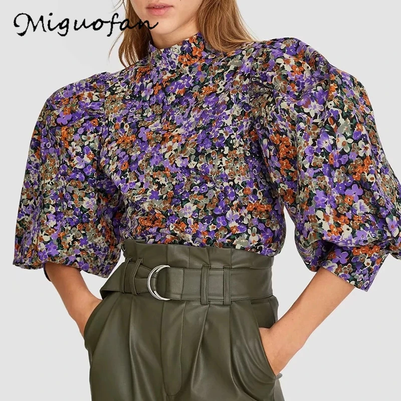 Huaxiafan женская блузка рубашки элегантный цветочный узор со стоячим воротником