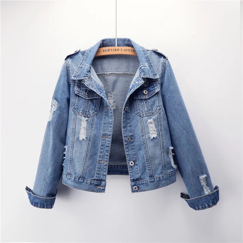 

5XL 6XL Women 2020 spring Autum Denim Jackets holes Washed Blue Jeans Coat Turn-down Collar Outwear Slim Jacket JC170