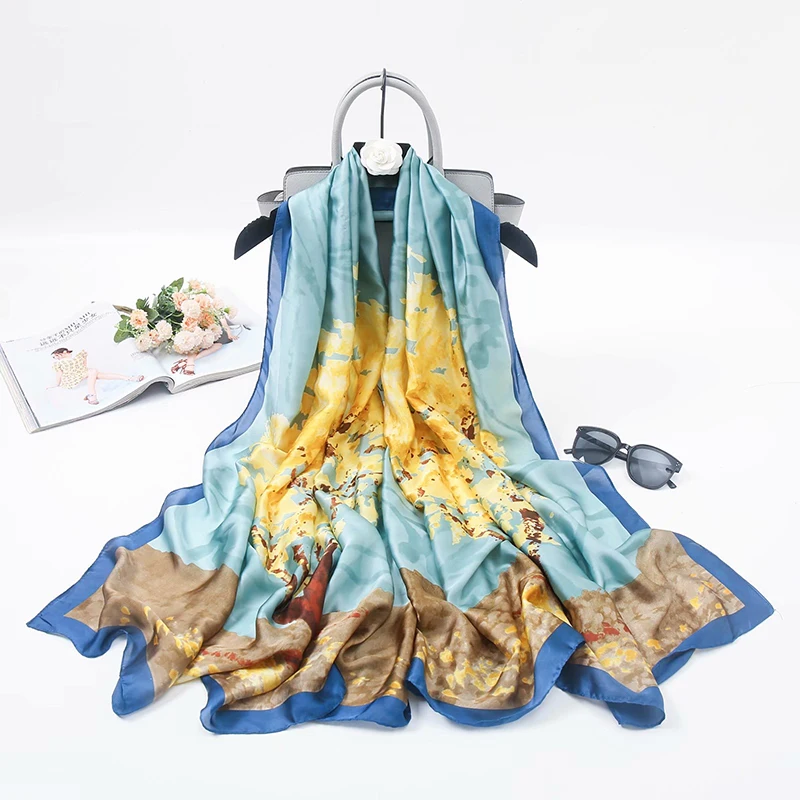 

Smooth Silk Scarf for Women Floral Print Elegant Pashmina Scarfs Female Foulard Hijab Luxury Shawls Beach Lady Stoles Scarves