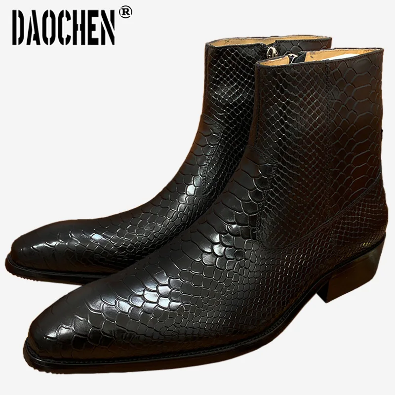 Ankle Boots Zipper Mid-calf Rock Boots Slip On Mens Dress Casual Shoes Black Coffee Genuine Leather Basic Boots Men