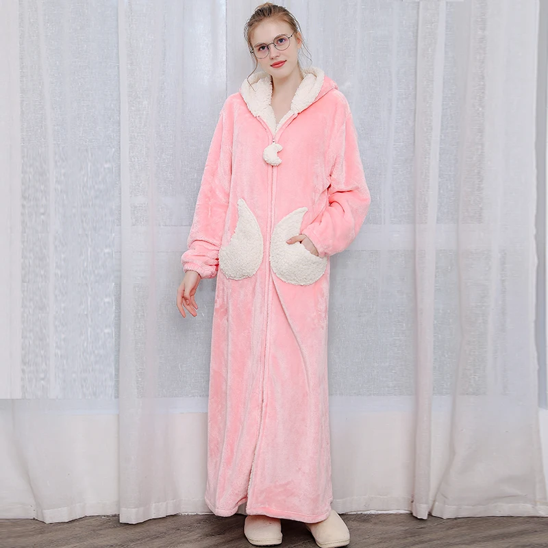 Women Moon Pink Женское длинное теплое Фланелевое кимоно больших размеров, банный халат с капюшоном и рисунком звезды и Луны, флисовый банный халат, милое Ночное платье, Мужская одежда для сна - Цвет: Women Moon Pink