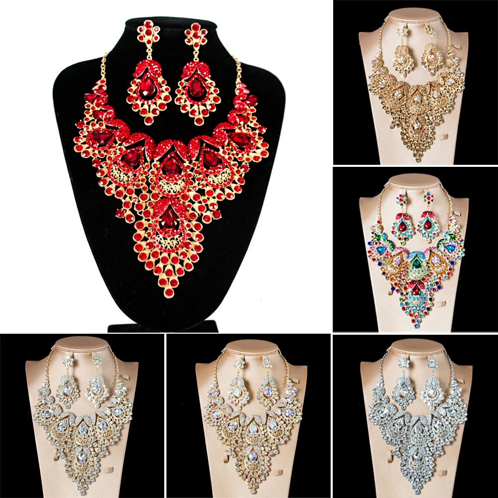Ювелирные наборы из бисера в африканском стиле стразы, массивное ожерелье и серьги в форме капли воды, набор классических индийских кристал...