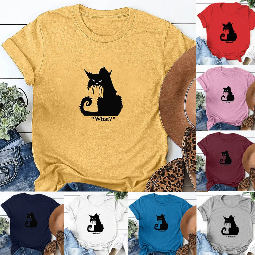 Женская Повседневная футболка на Хэллоуин с буквенным принтом черного кота топ