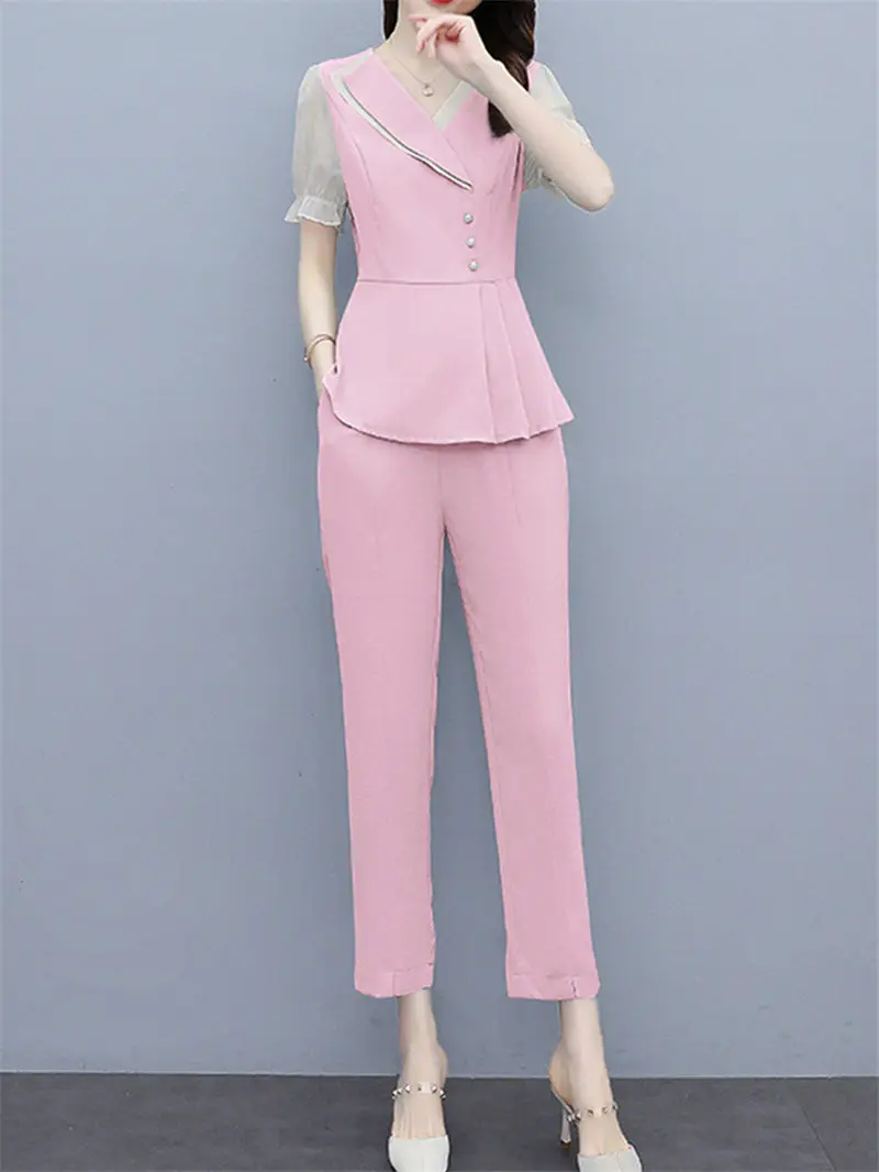 

2021 New Plus Size Women's Clothing Fashion V-Neck Solid Color Top Professional Nine-Point Pants Summer Suit Two Piece Outfit zh