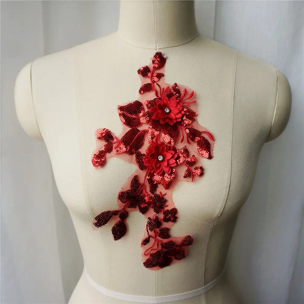 Кружевной 3D цветок с блестками черный белый красный розовый стразы вышивкой