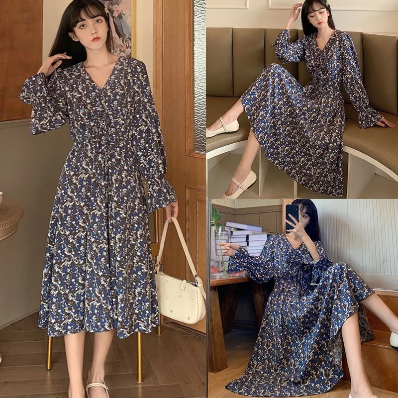 

Lady Vintage Floral V-neck Long-sleeved Autumn Dress Female Temperament Flared Sleeve Chiffon Mid-length Dress Vestidos