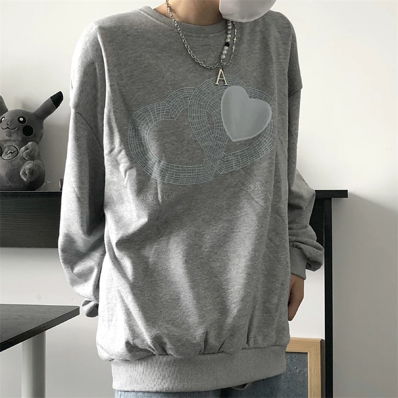 

Street Style Hip Hop New Korean Clothes Spring/Autumn Oversize Women's Clothing Sweatshirts Lines Love Print Hoodies O-Neck Tide