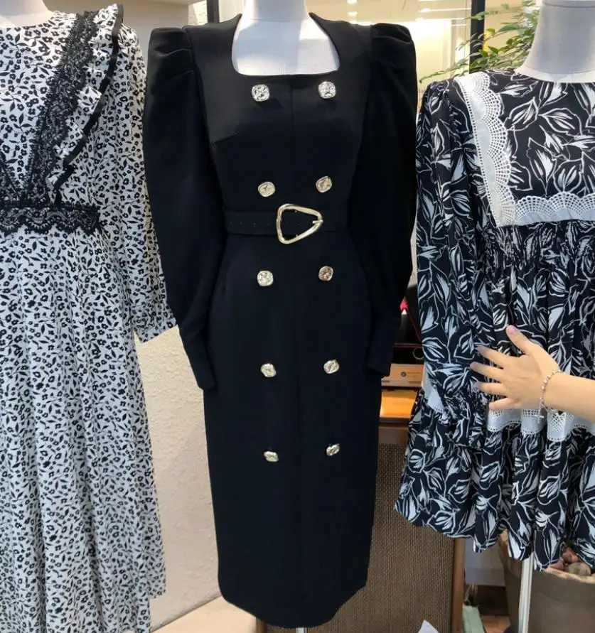 

French style double breasted pencil dress women square collar slim puff sleeve split OL dress with belt