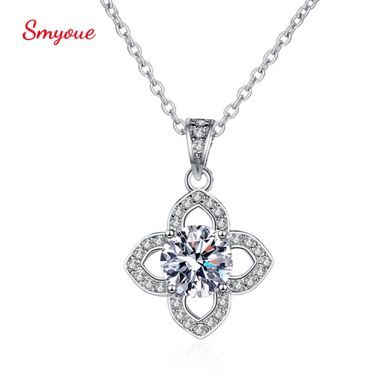 

Smyoue Real 1 Carat 6.5mm Moissanite Pendant Necklace Women's Four Leaf Clover S925 Sterling Silver Neck Chain Valentine's Day