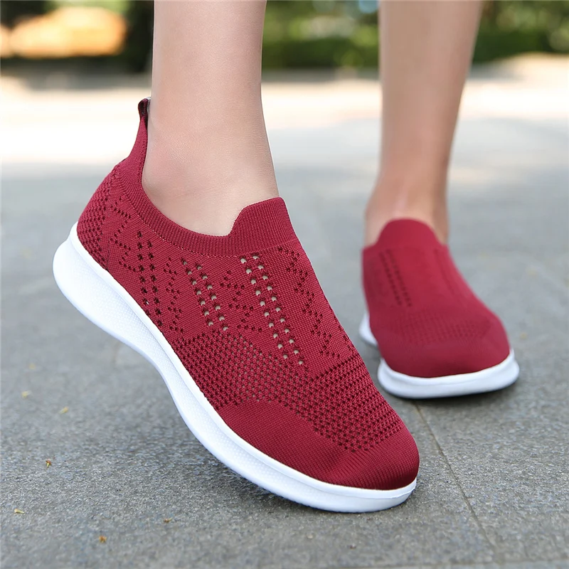 Holfredterse Summer Womens Flat Loafers Shoes Female Walking Sneakers Shoes Knitting Mesh Slip on Casual Shoes Plus Size 41 H979