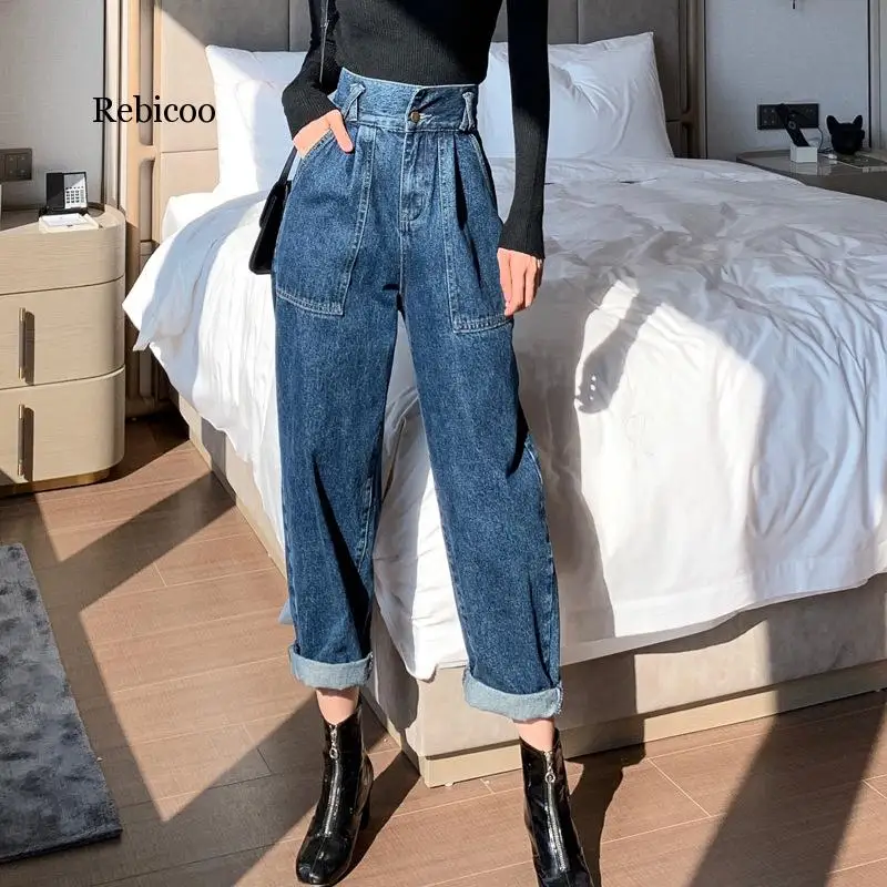 

Autumn And Winter New All-around High Waist Thin Pants Net Red Air Straight Tube Nine Points Curling Loose Jeans Female