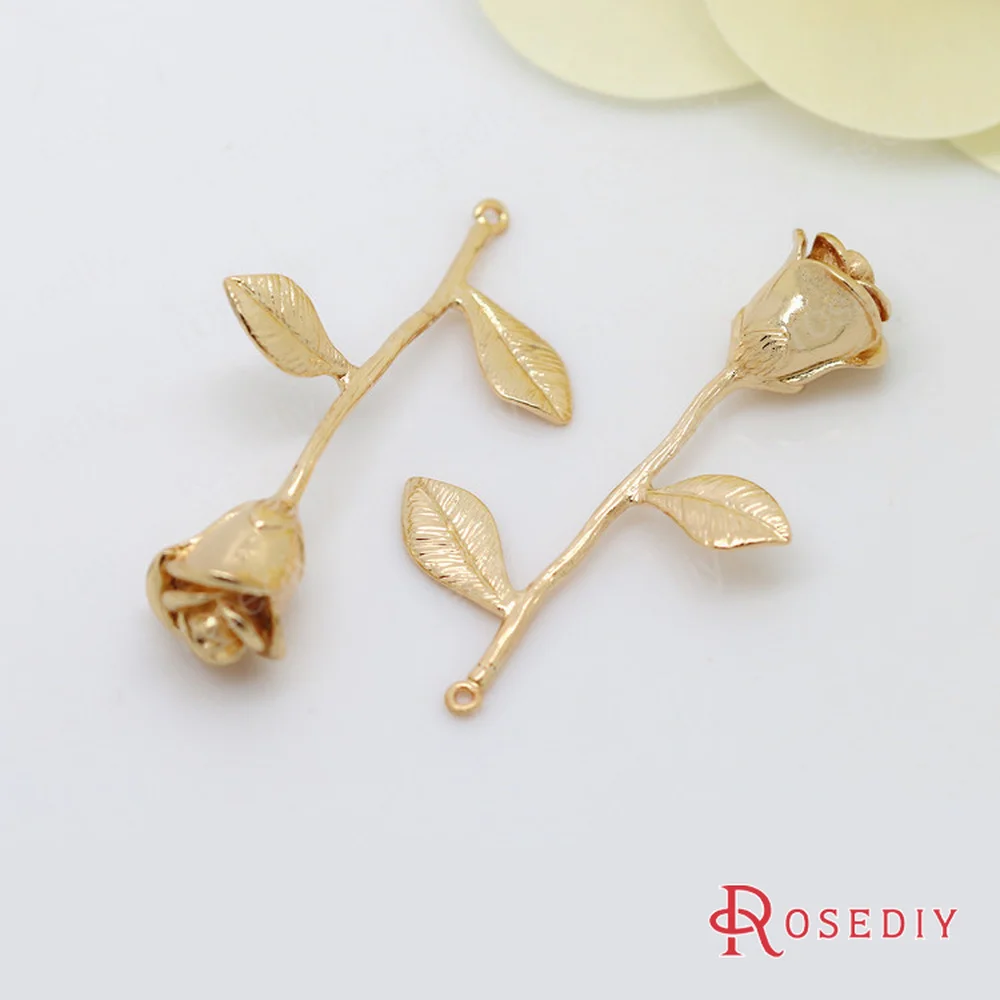 (D350)4 шт. 23x40 мм позолоченные латунные подвески с розой цвета 24-каратного