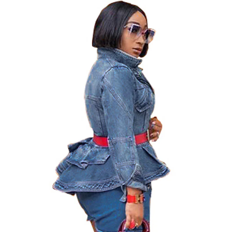 Женская Повседневная синяя джинсовая куртка с баской и длинным рукавом |