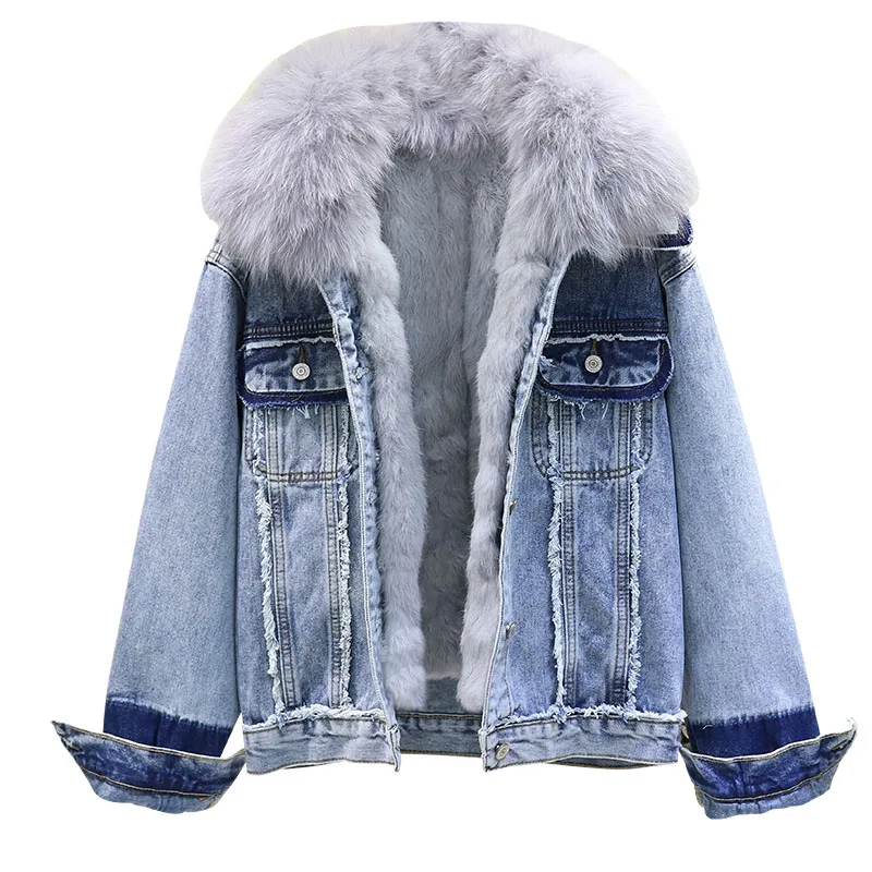Модная Джинсовая куртка женская с лисьим меховым воротником 2019 новое зимнее