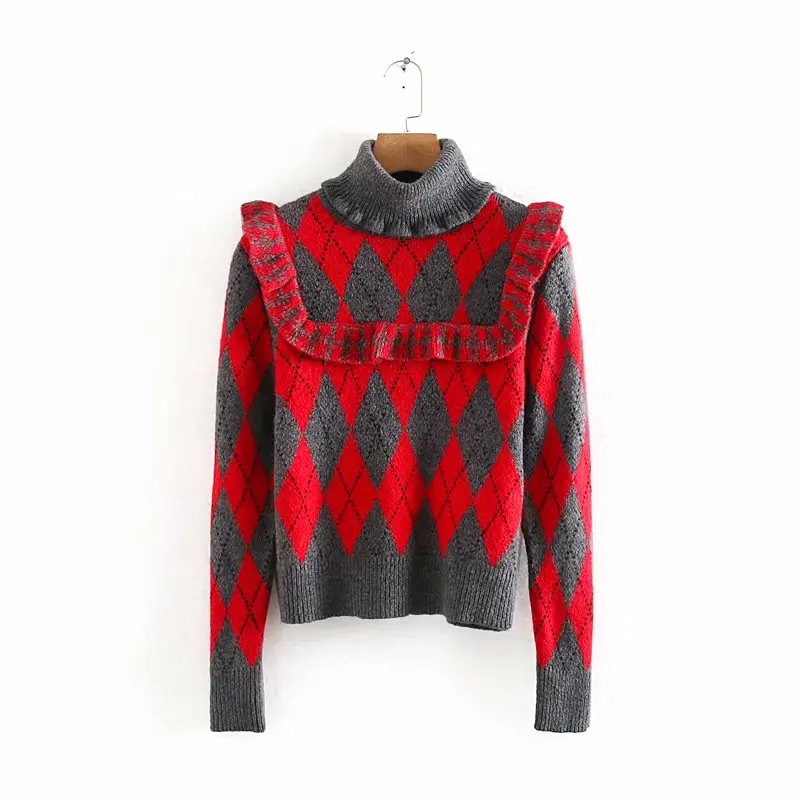 za 2019 fasion women Long sleeve turtleneck chic Christmas Sweaters Women Knitted ruffles Jumper vintage pullovers tops | Женская одежда