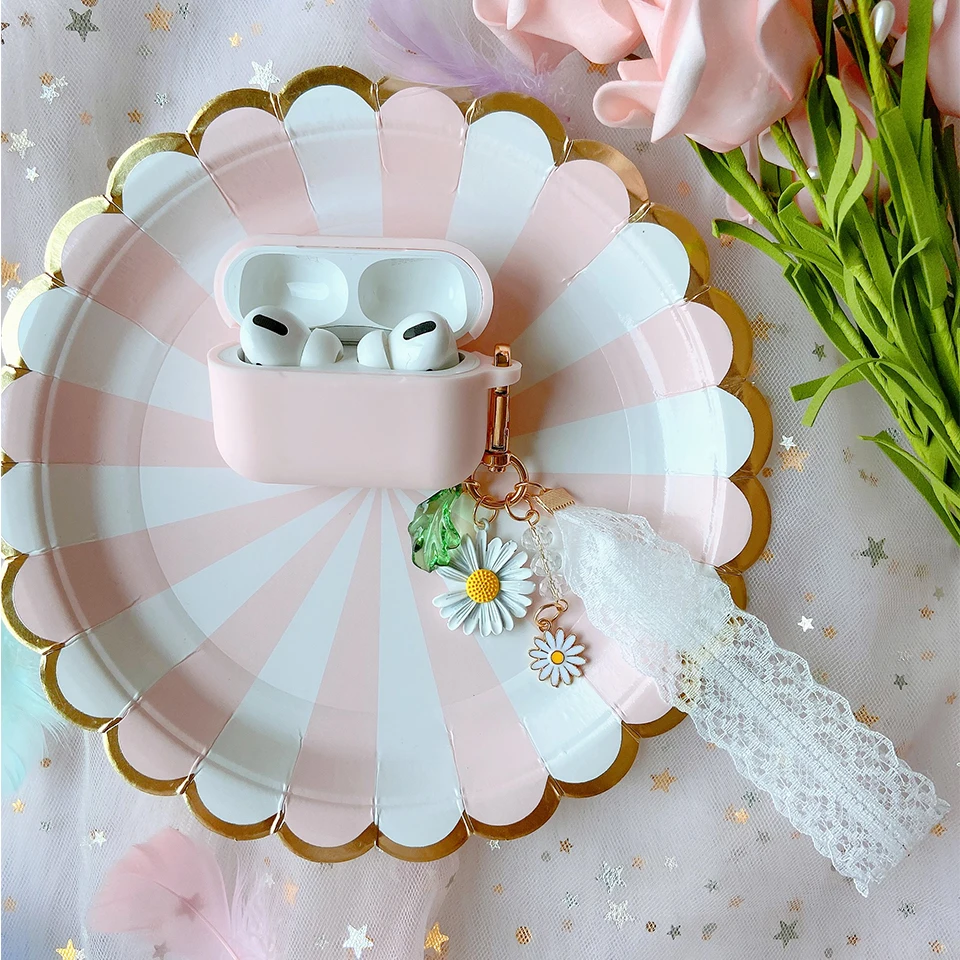

Cute Luxury Silicone Case for Apple Airpods Pro Cover Bluetooth Earphone Portable Shockproof Bag Daisy Flower Lace Lanyard Decor