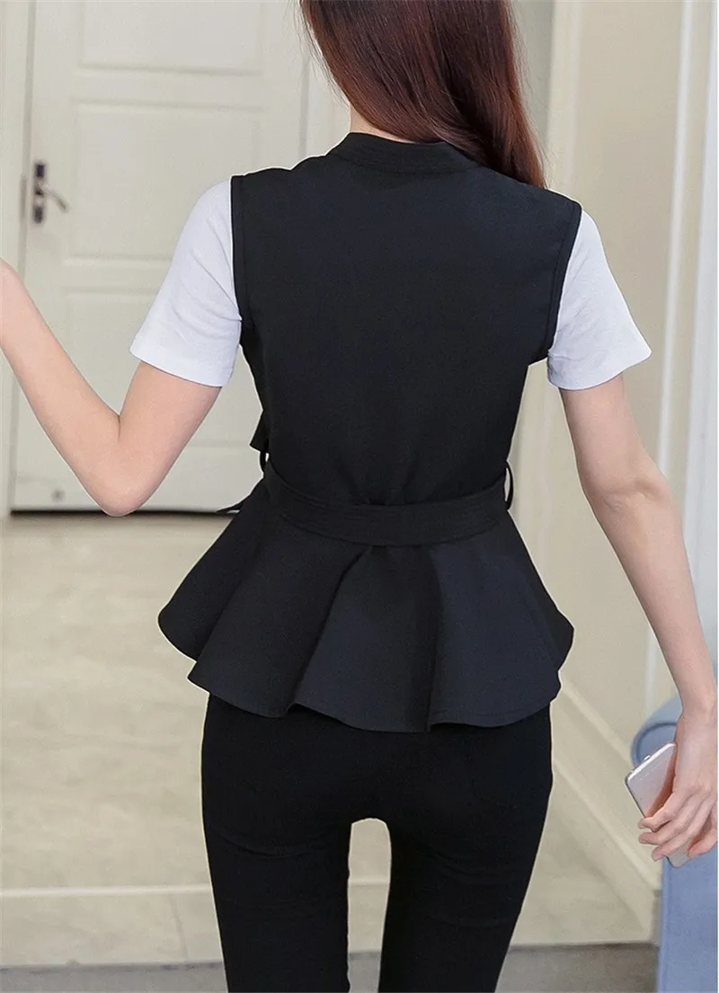 Женский жилет с поясом Черный Повседневный без рукавов оборками модель R1019 на