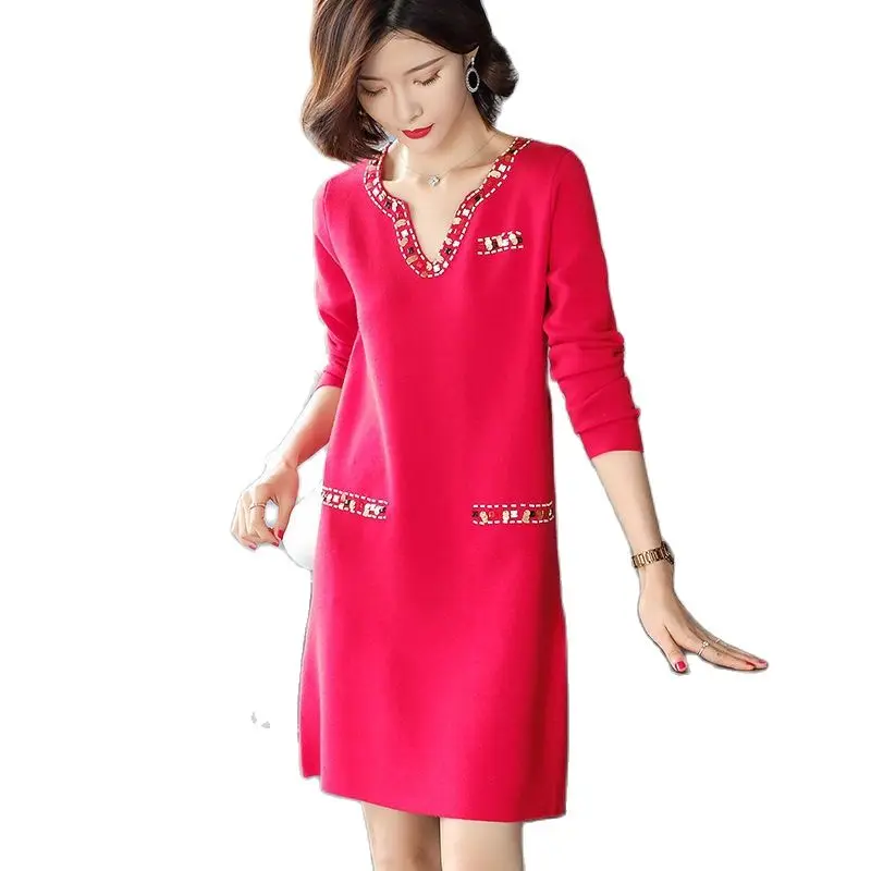 

2022 New Knitted Dress Blend Cashmere Loose Mid-Long Fashion 5XL V-Neck Paste Craftswoman High Quality Pullover Women Elegant