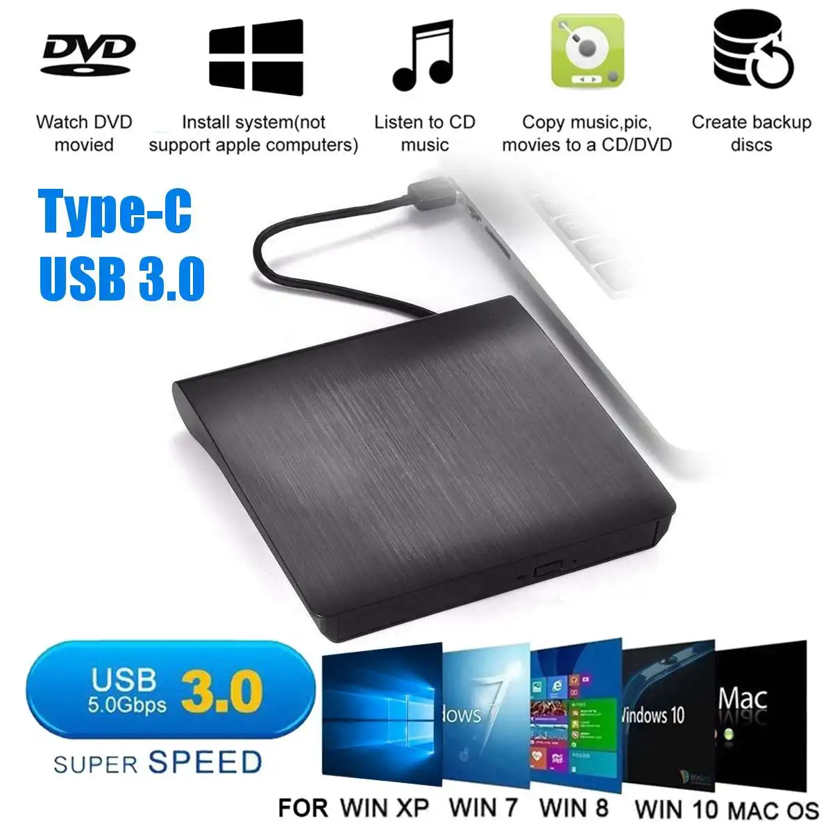

External DVD RW CD Writer Drive Type-C USB 3.0 Optical Drives Slim Combo Drive Burner Reader Player Laptop CD/DVD Optical Bay