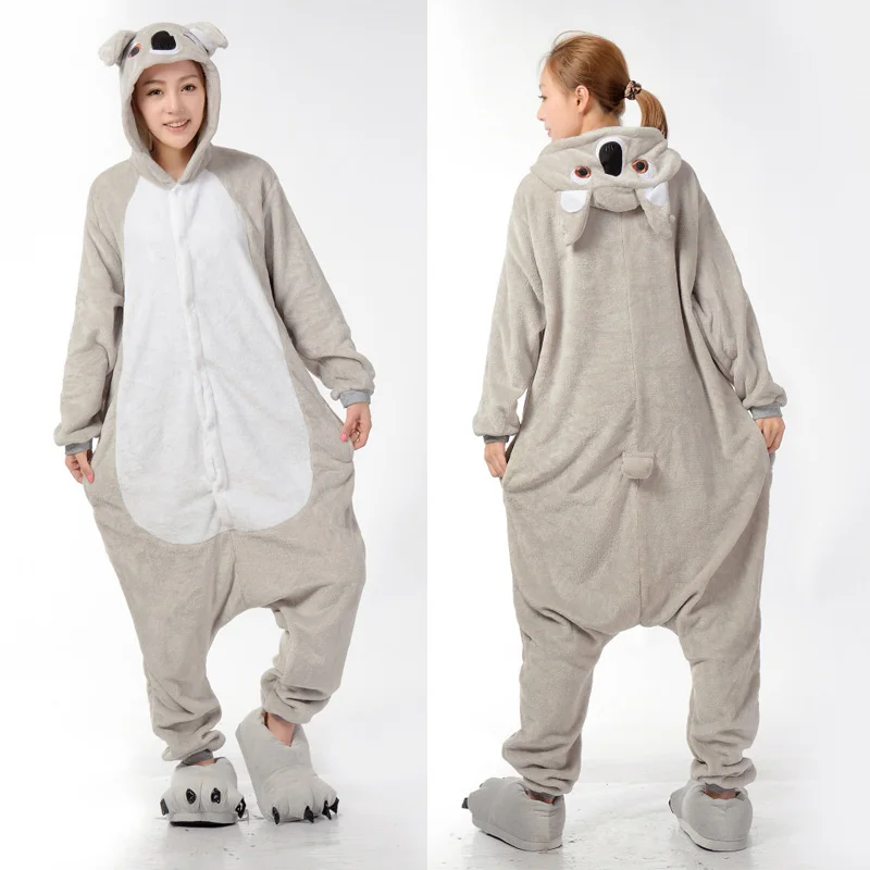 Gray koala Зимние пижамы для взрослых с рисунками животных, пижамы с единорогом, теплые фланелевые пижамы с капюшоном для женщин и мужчин - Цвет: Gray koala