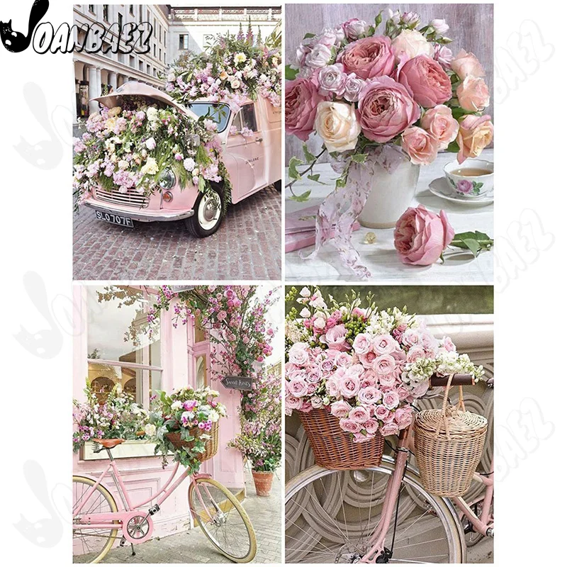 

Pink Rose Flower Car Diamond Painting 5D Diy Wall Art Bicycle Diamond Embroidery Inlaid Home Room Decoration Accessories