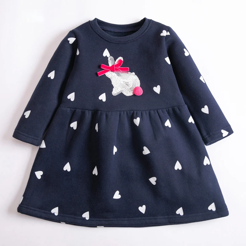 

New Sweet Children Girls Warm Winter Dresses Fleece Lining Cartoon Applique Dot Pleated Dress Plus Size Clothes for Toddler Kids