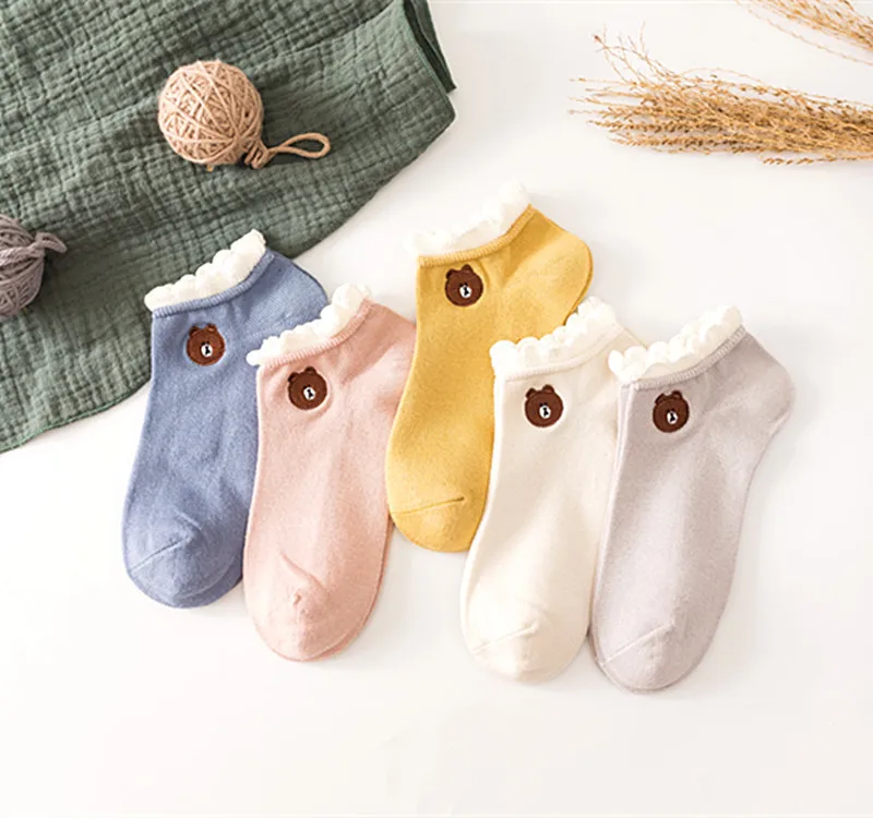 

10pairs/lot Spring Summer New Super Soft Lace Cartoon Bear Embroidery Cotton Women's Invisible Boat Socks Ankle Woman Kawaii