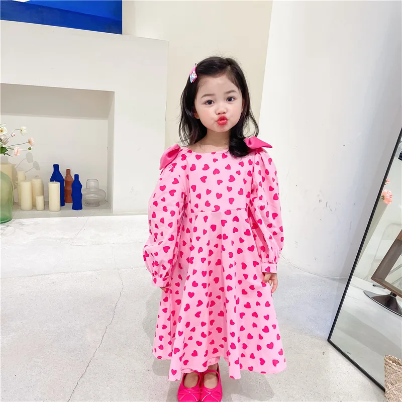 

Colorfull Heart Printed Cute Girls Long-sleeved Love Dresses Autumnw Bowknot Shoulder Toddler elegant Baby Girl Cotton Dresses