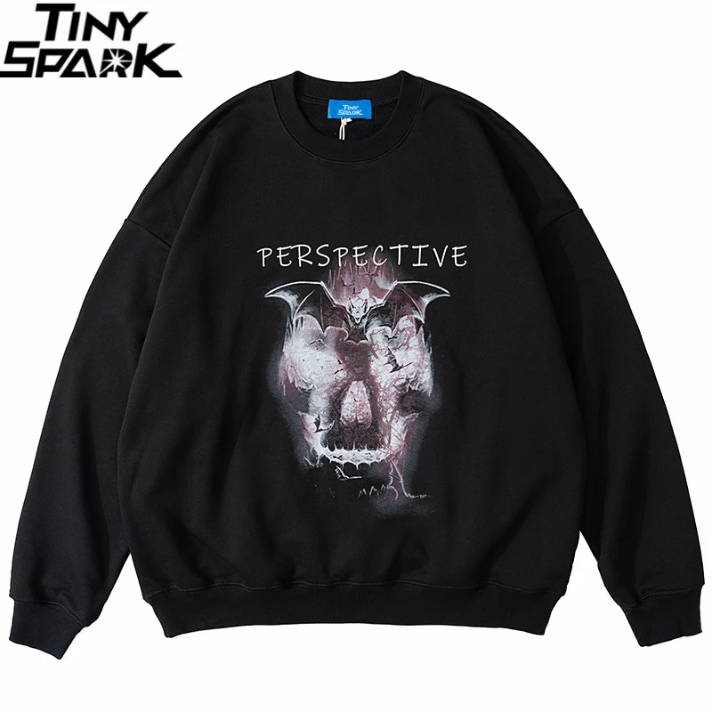 

Men Streetwear Sweatshirt Pullover Hip Hop Harajuku Dark Style Monster Print Pullover 2021 Autumn Cotton Loose Sweat Shirt Black