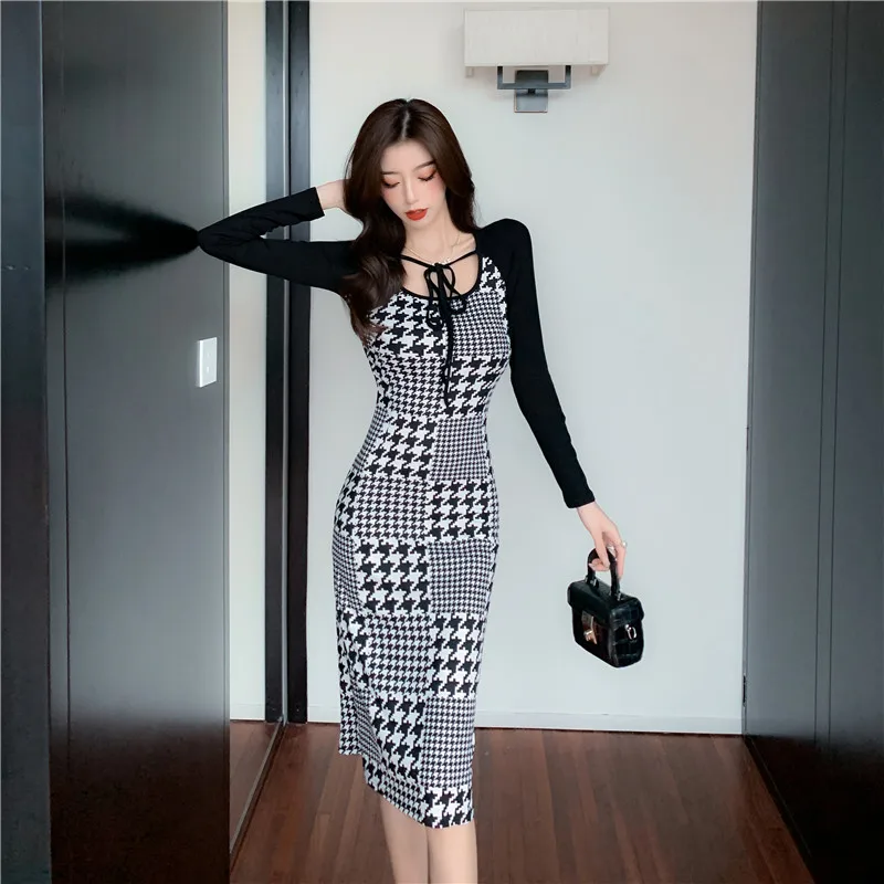 

Make early autumn socialite party brought with contrast color cultivate one's morality show thin plover long-sleeved dress