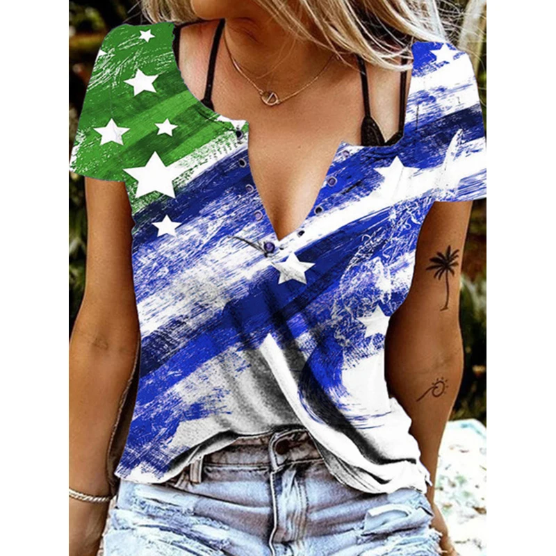 

Summer Printed Short-sleeved V-neck T-shirt Ladies Casual Loose T-shirt Tops Plus Size Fashionable Sexy T-shirt Apparel