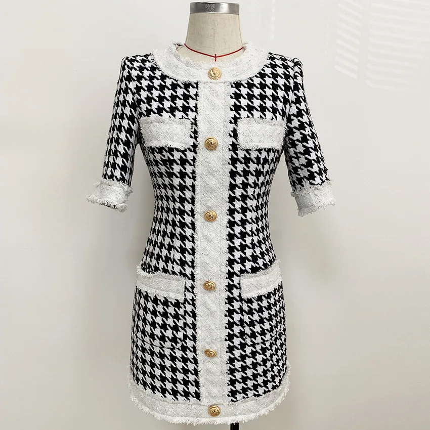 

Autumn Winter Style European Women Thick Short Slim Vintage Houndstooth Dresses Ladies Runway Jacquard knitting Dress