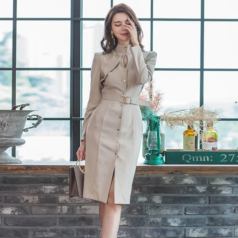 

Elegant Office OL Pencil Dress Women Slim Single-breasted Sheath Dresses Business Work Bodycon Vestidos With Sashes