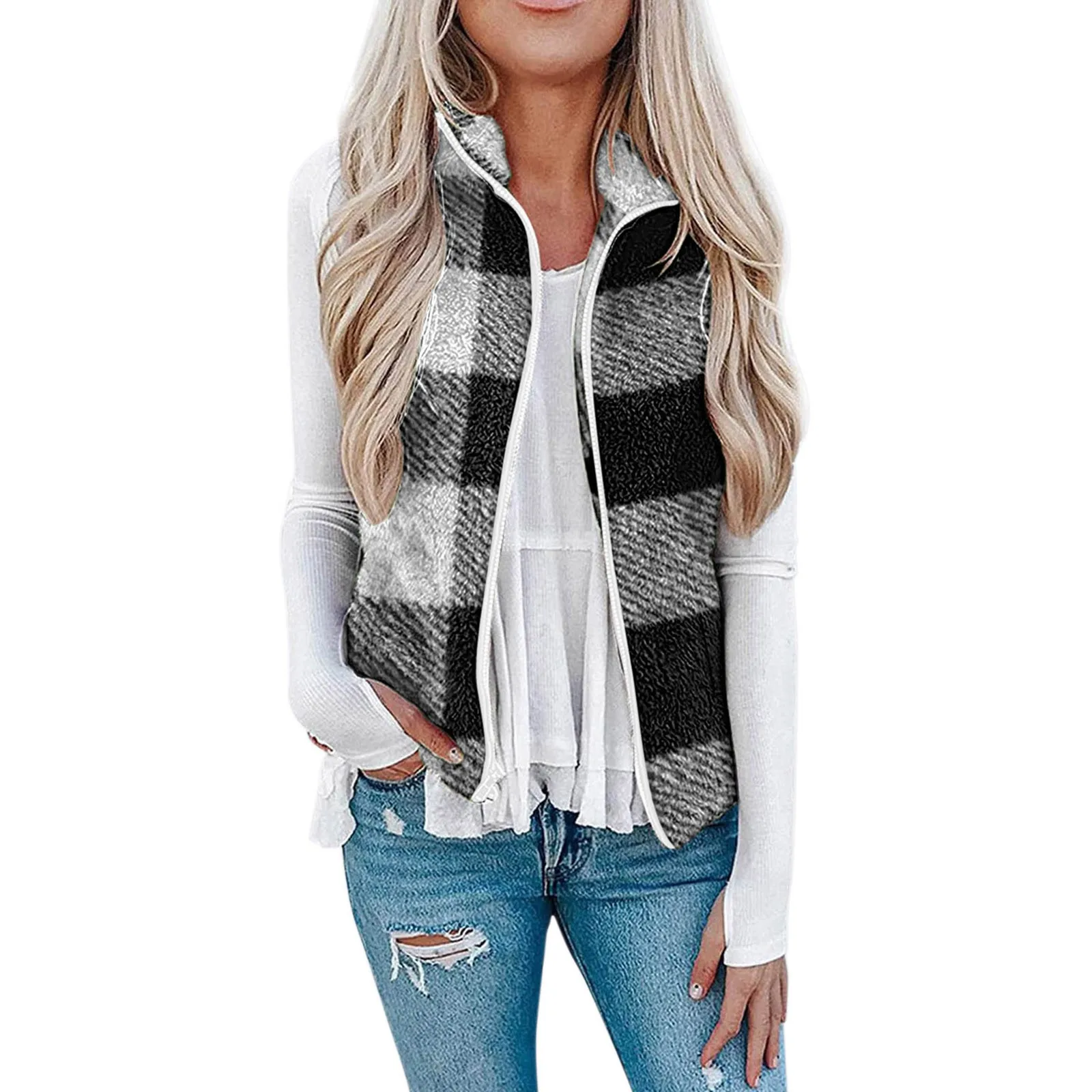 

Women's Thicker Sleeveless Zipper Coat Jacket 2021 New Autumn Winter Warm Loose Outerwear Plush Stripe Print Ladies Vest Coat