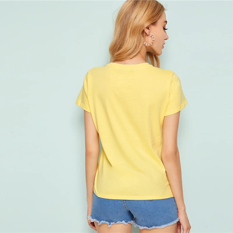 SHEIN женская футболка с вышитым цветочным принтом, женская одежда, топы, Повседневная летняя футболка с круглым вырезом и коротким рукавом