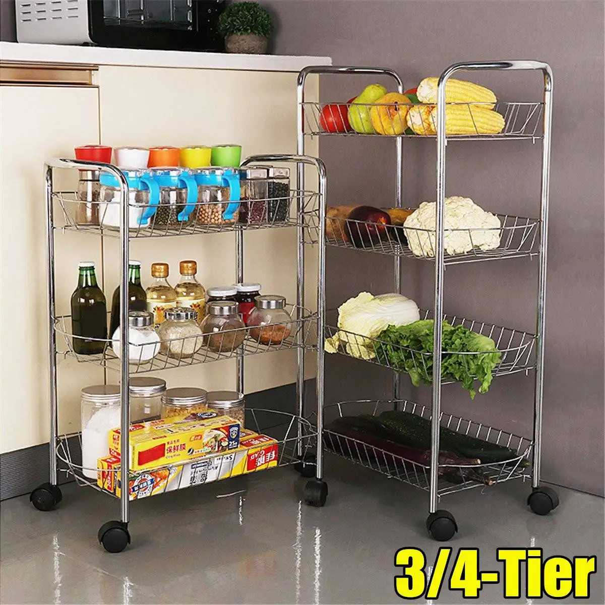 

3/4 Layer Gap Kitchen Storage Rack Movable Assemble Storage Trolley Cart Metal Bathroom Shelf Wheels Space Saving Organizer