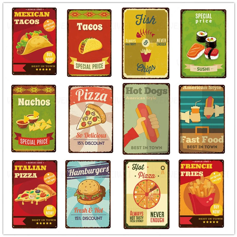 

Food Metal Plate Pizza Burger Fast Food Restaurant Decoration Iron Sign Sushi Special Metal Sign Room Decor Wall Art Tin Plaque