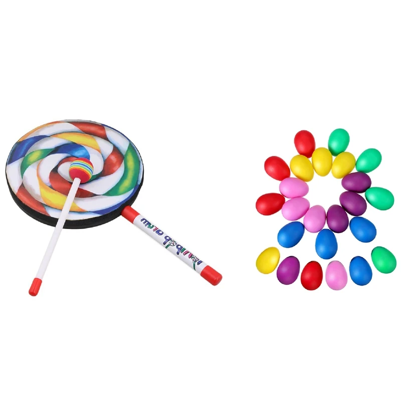 

10x 7.9 Inch Lollipop Shape Drum with Rainbow Color Mallet Music Rhythm & 24 Pieces Egg Shaker Set Easter Eggs