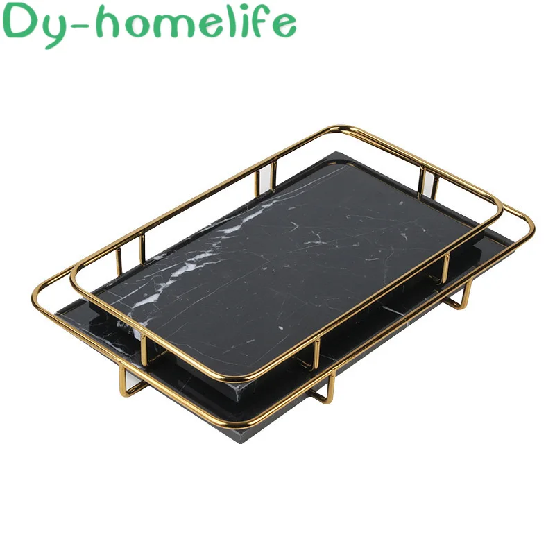 

Multi-size Nordic Square Black and White Natural Marble with Metal Frame Handle Storage Tray Home Decoration Storage Tray