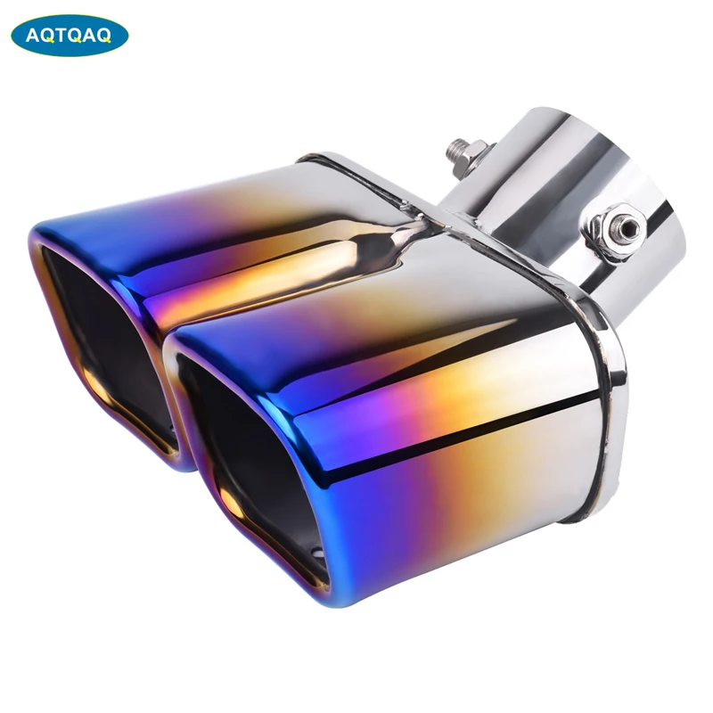 

AQTQAQ Universal Grilled Blue Stainless Steel 1 to 2 Dual Pipe Exhaust Pipe Muffler Tip Covers Car-styling Modification